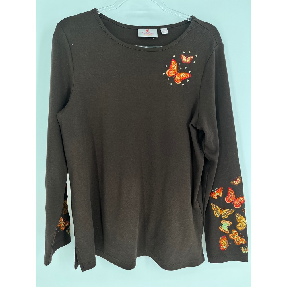 QUACKER FACTORY Butterfly Top Womens M Brown Embroidered Rhinestone Long Sleeve